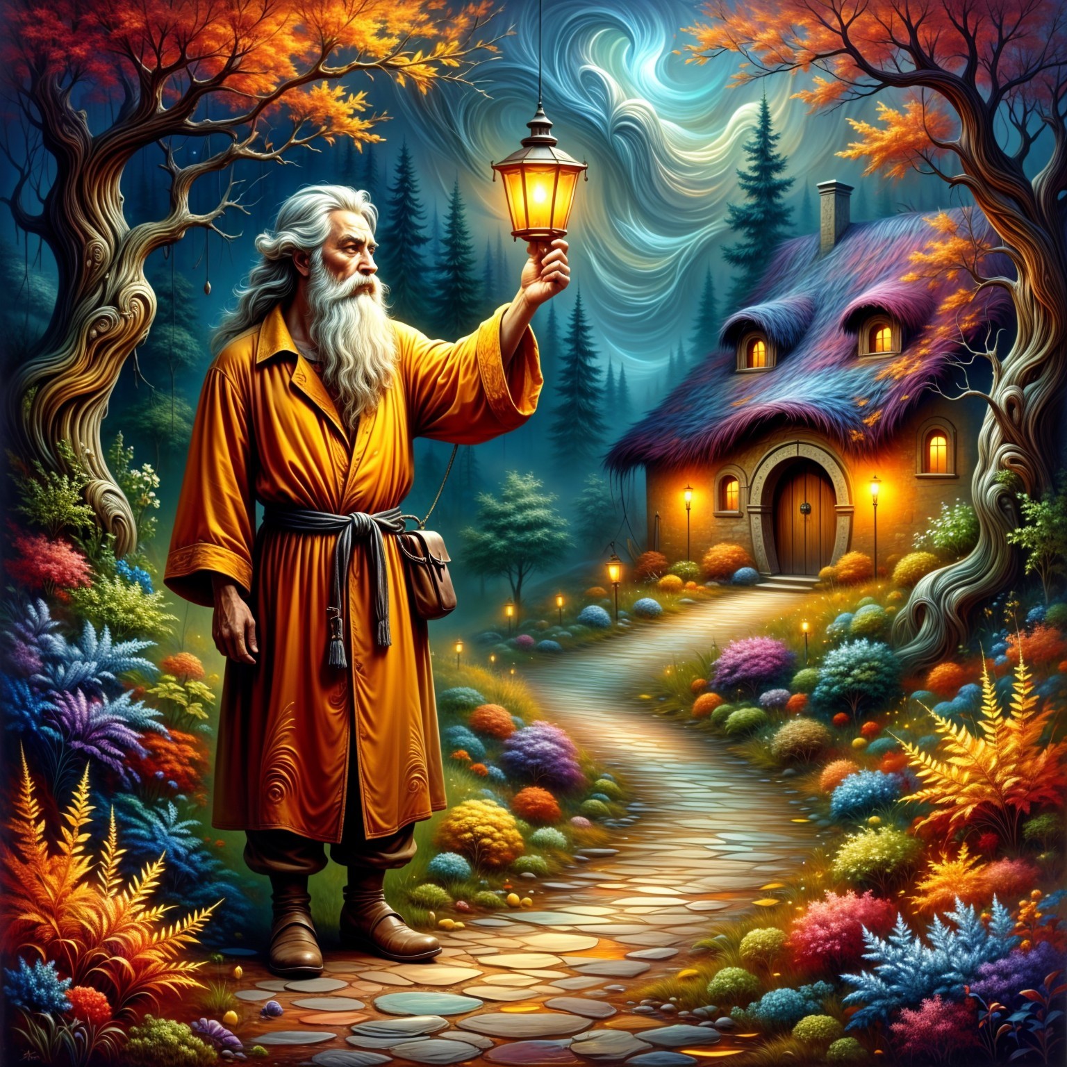 Elderly Man with Lantern in Enchanted Forest Scene