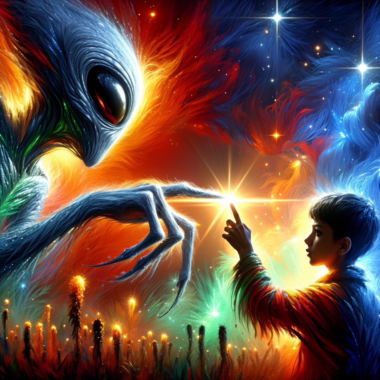 Cosmic Encounter Between Boy and Colorful Alien