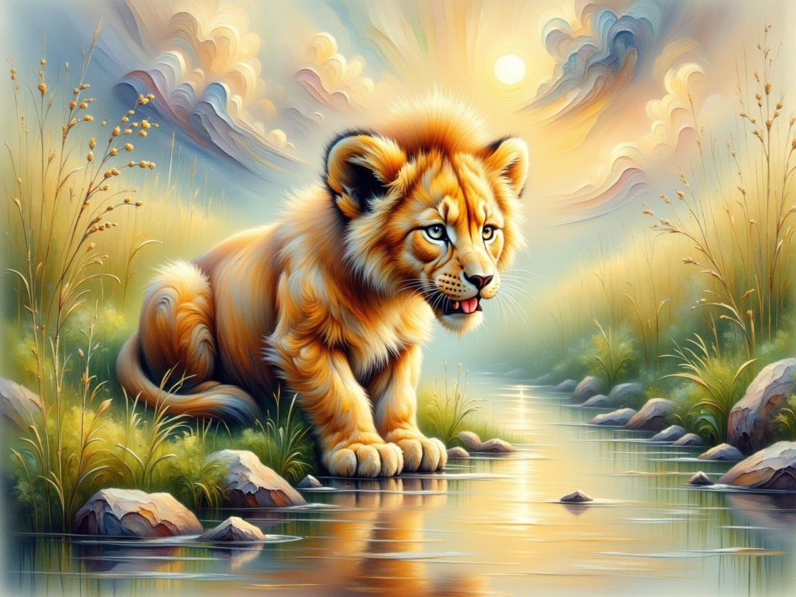Golden Lion Cub by a Tranquil Stream at Sunset