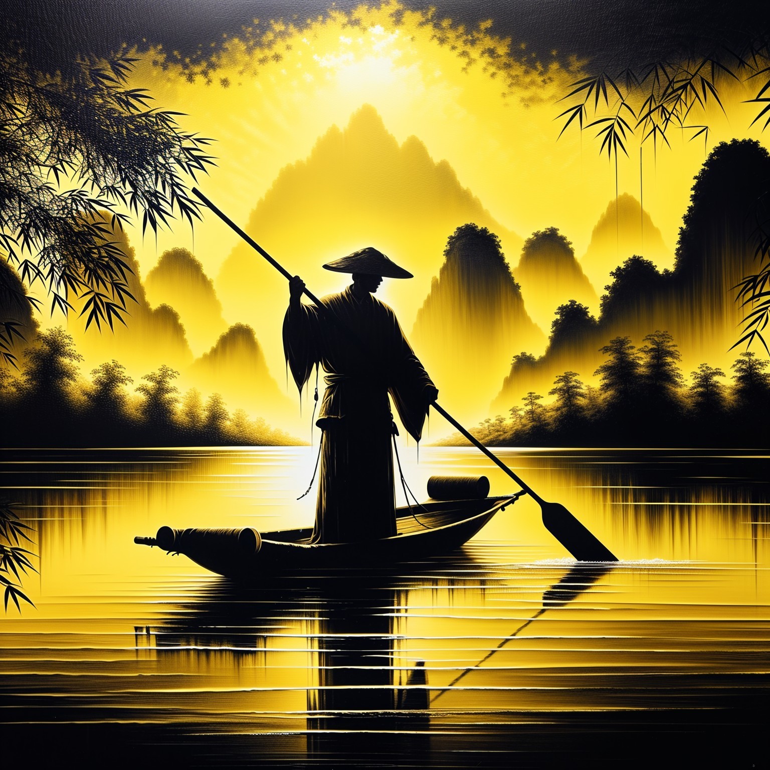 Lone Figure in Traditional Attire on Serene Waters