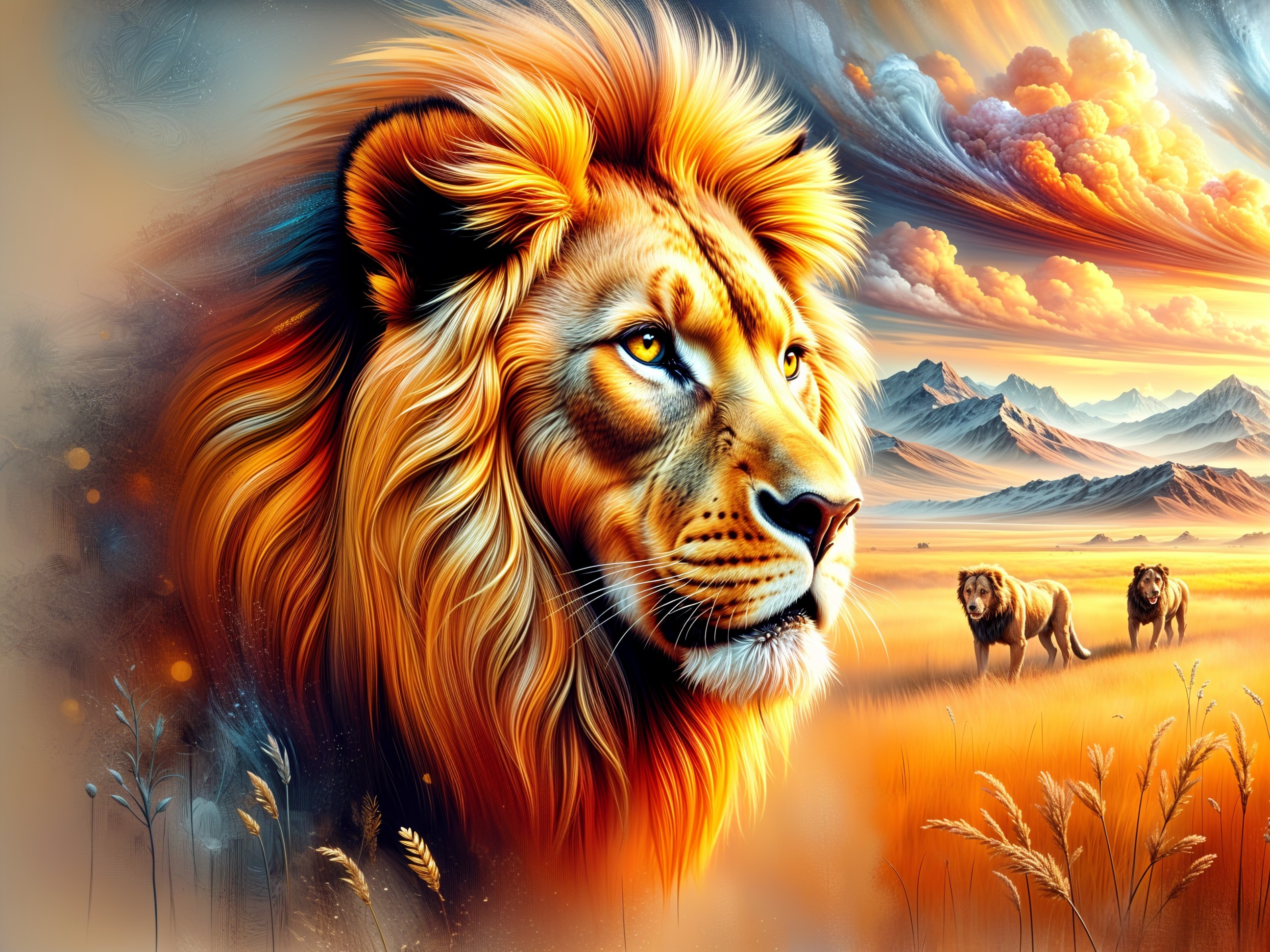 Majestic Lion in Sunset Landscape with Grassy Plains