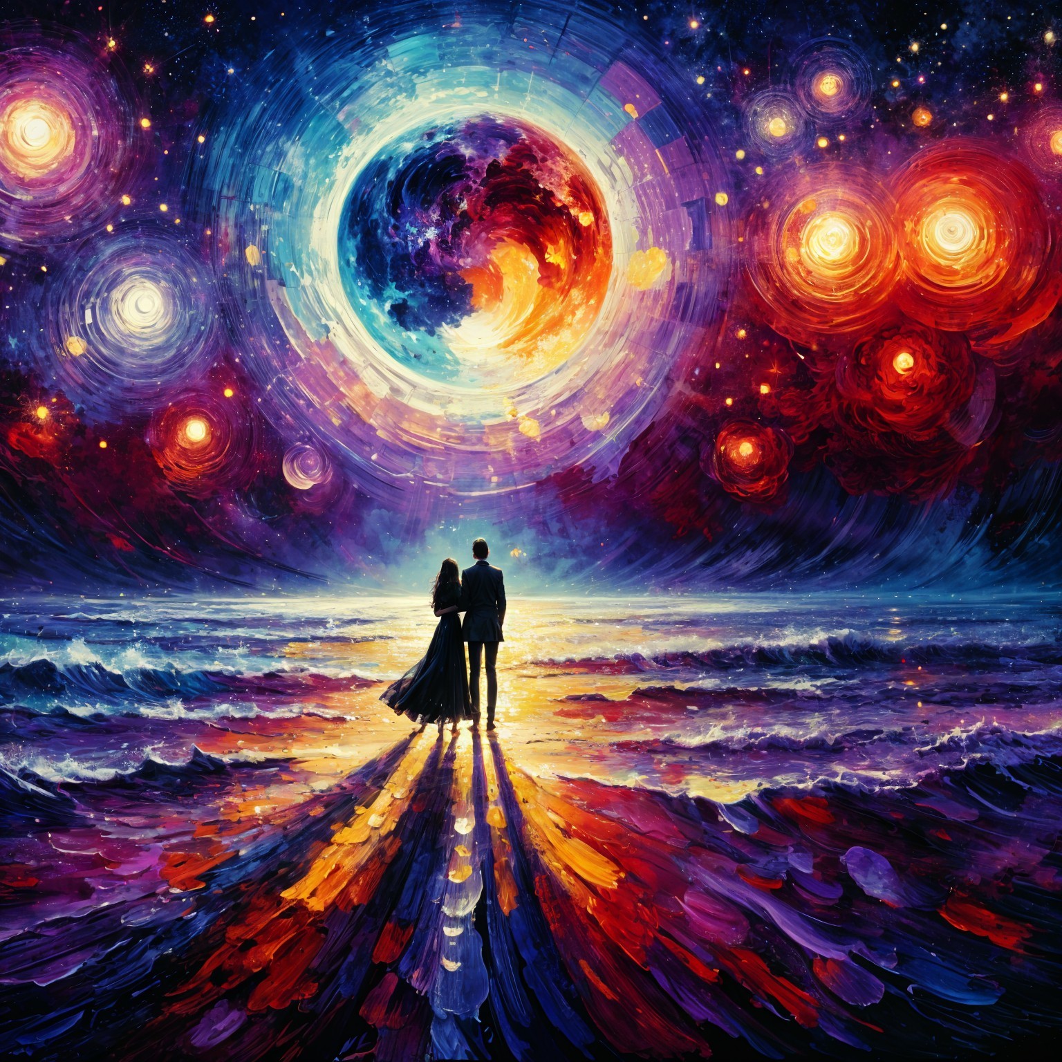 Couple on Reflective Beach Under Cosmic Sky