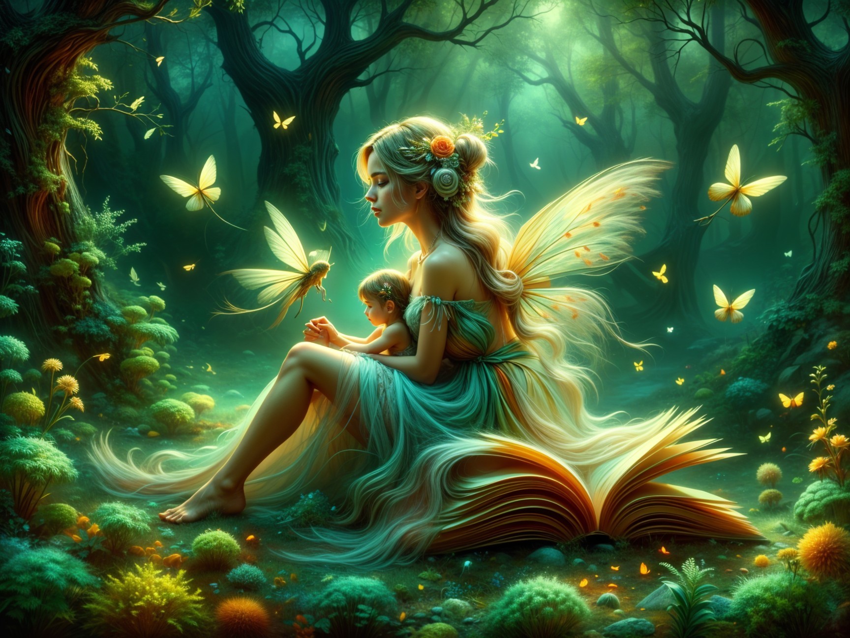 Fairy and Child in a Mystical Glowing Forest Scene