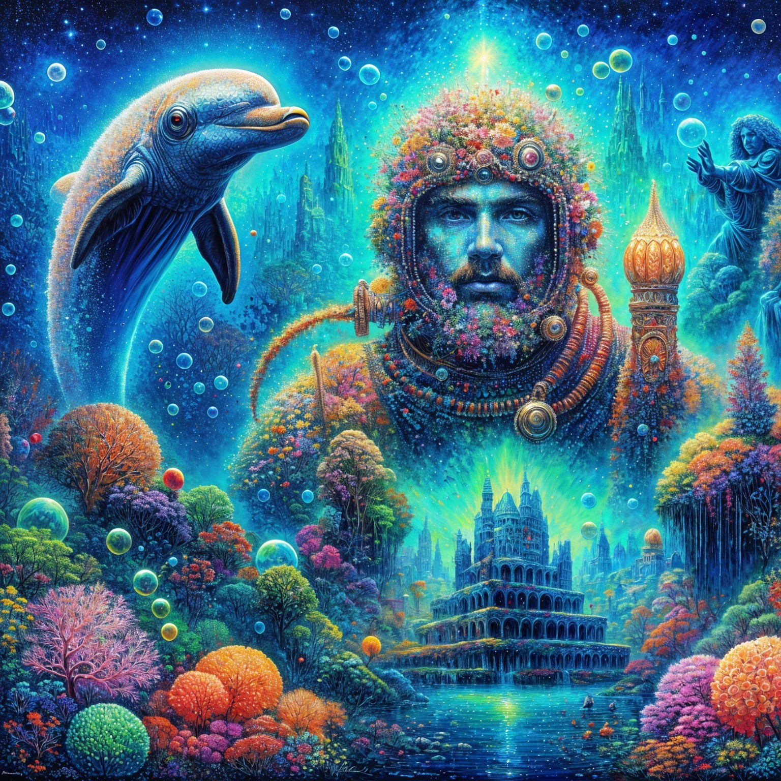 Surreal Underwater Scene with Diver and Dolphin