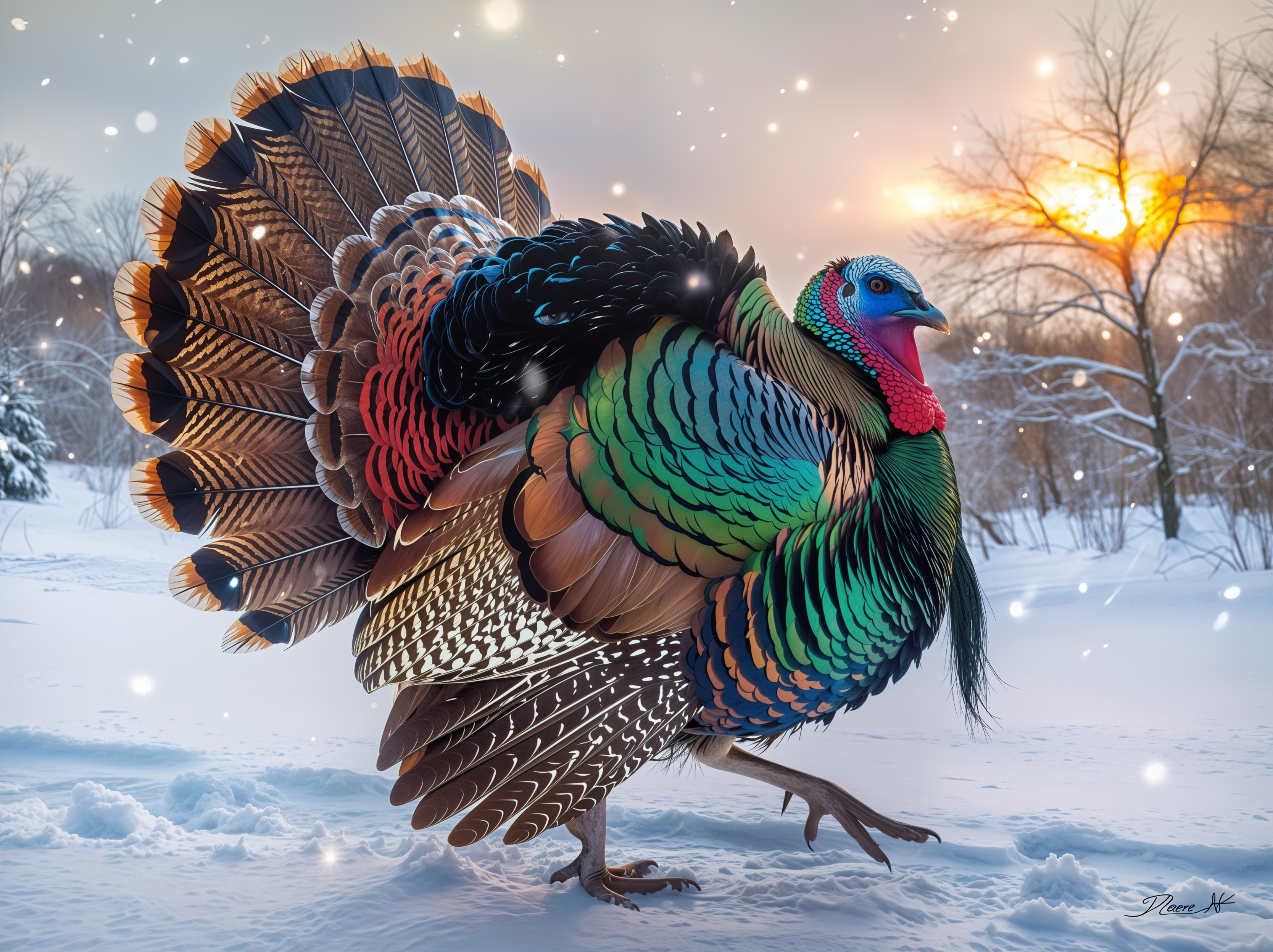 Vibrant Turkey in Snowy Landscape at Sunset