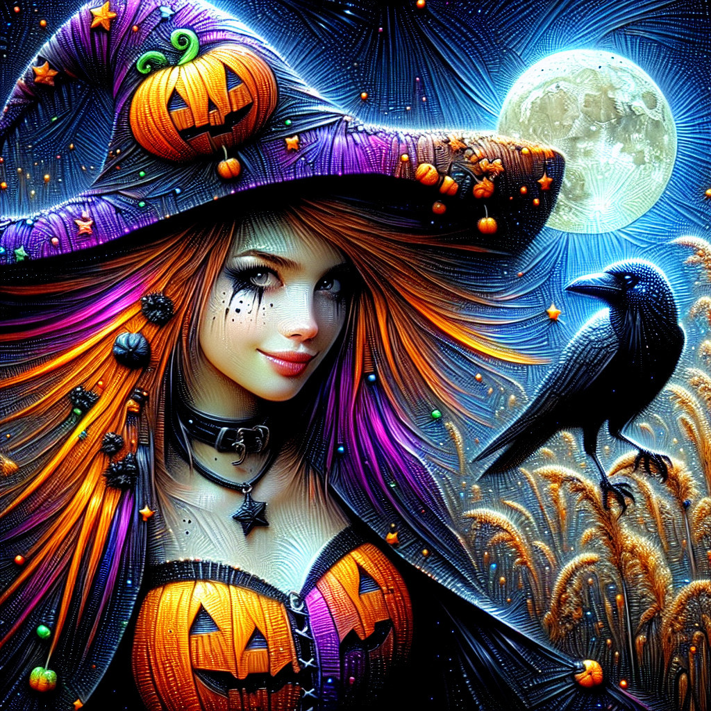 Witch with Orange and Purple Hair in Moonlit Scene