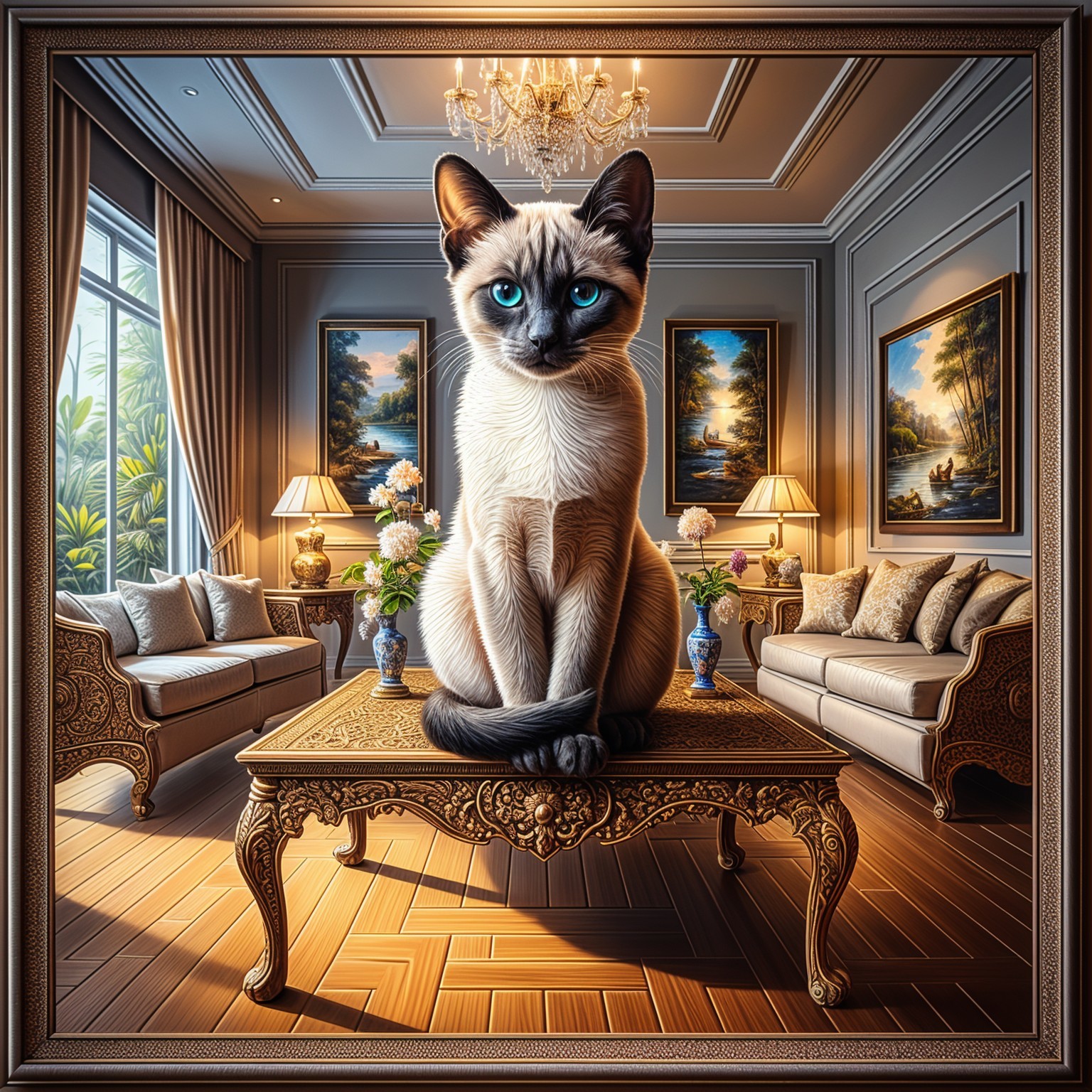 Luxurious Living Room with Siamese Cat and Elegance