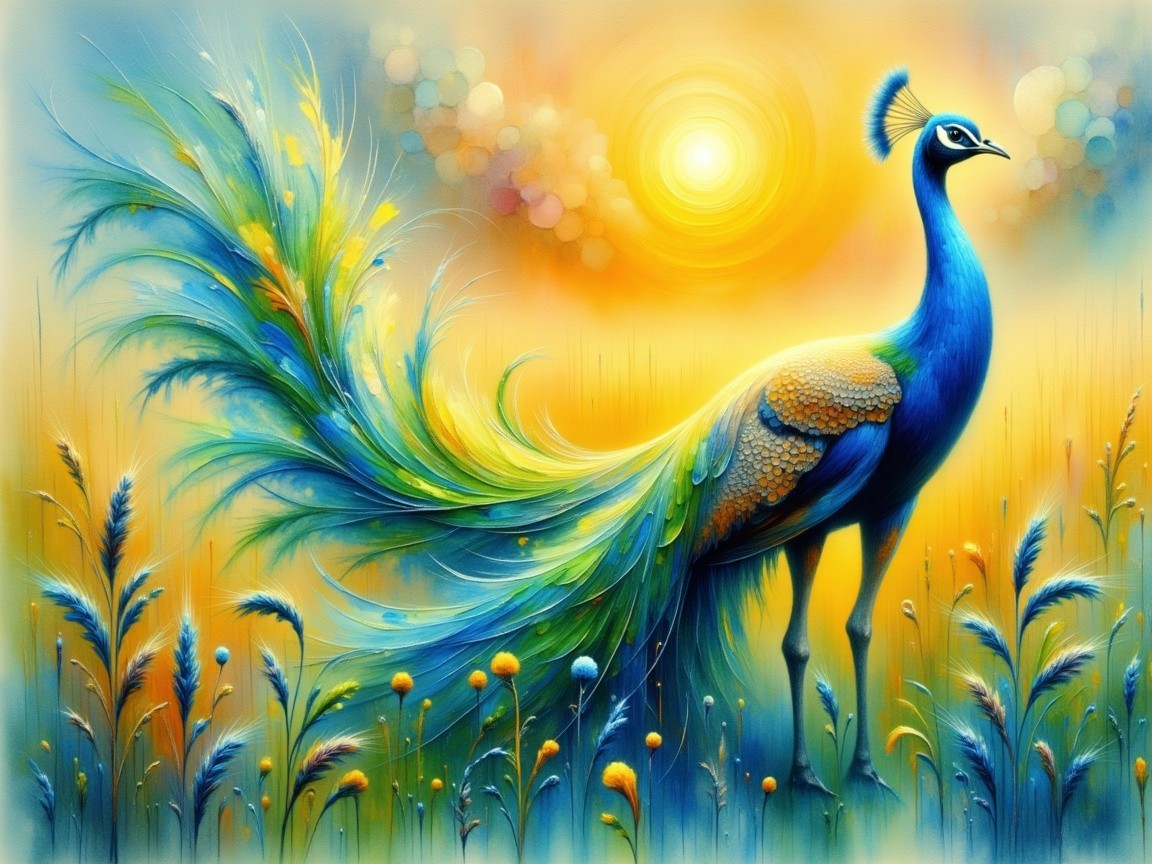 Colorful Peacock in Golden Grasses and Wildflowers