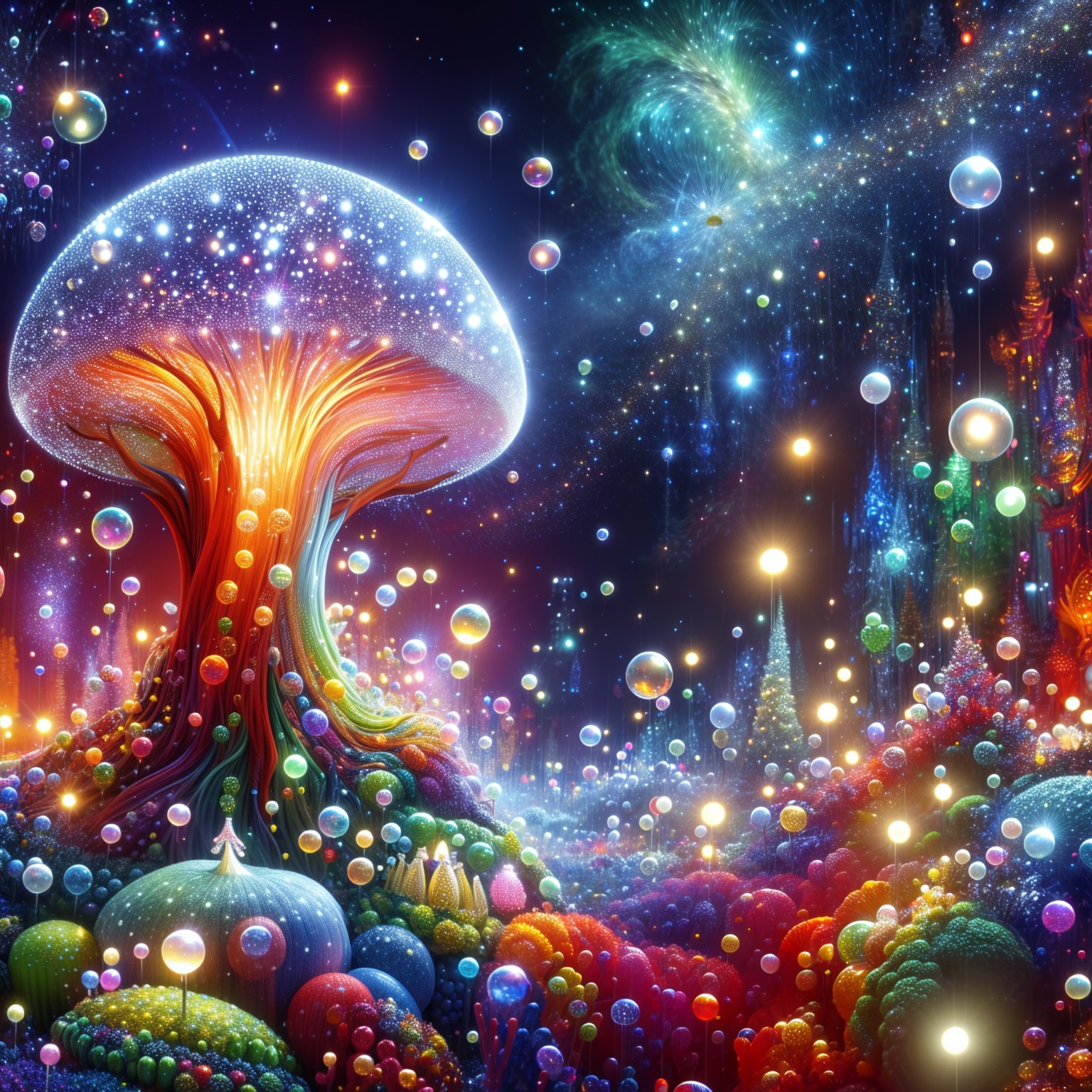 Vibrant Otherworldly Landscape with Glowing Orbs