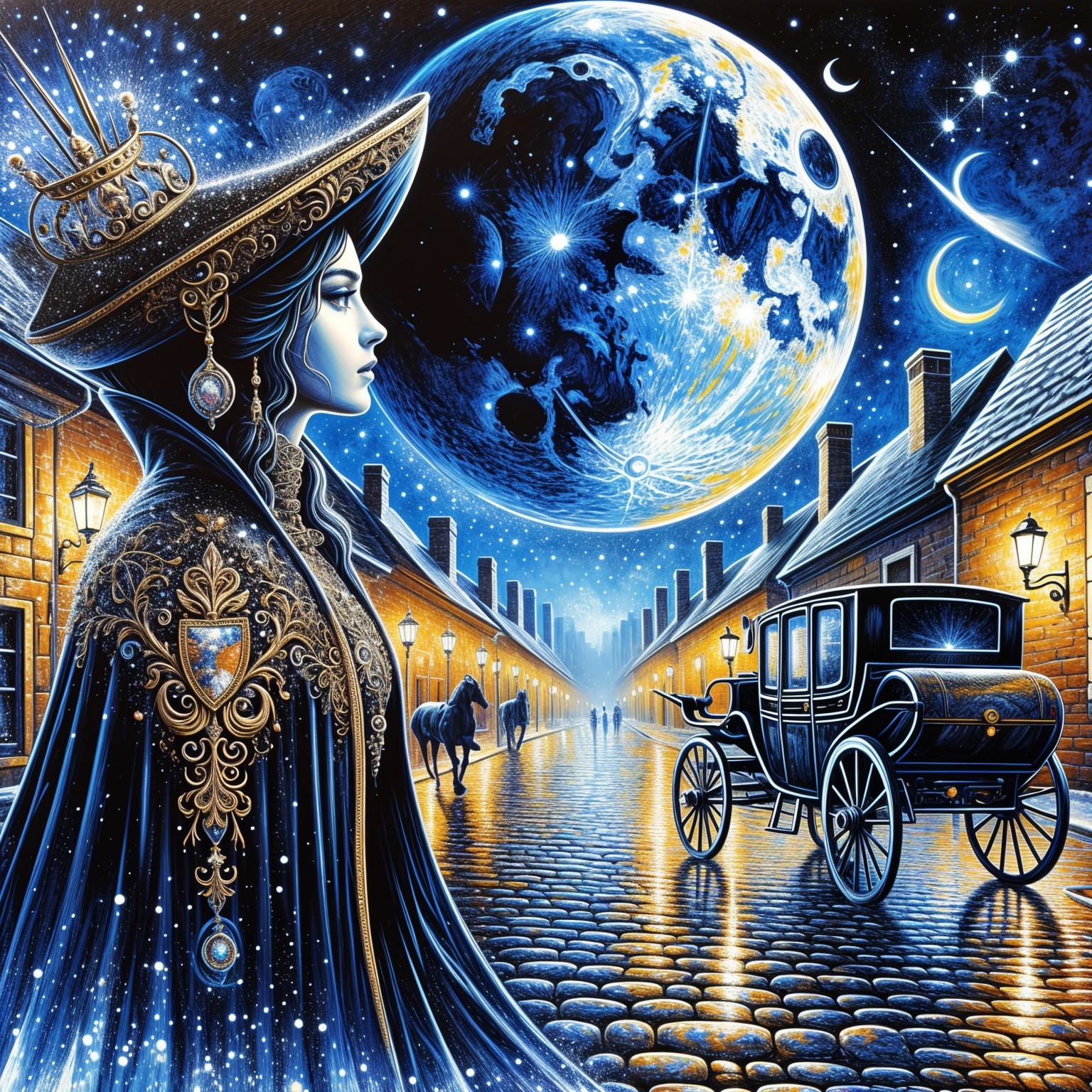 Mystical Night Scene with Woman and Luminous Planet