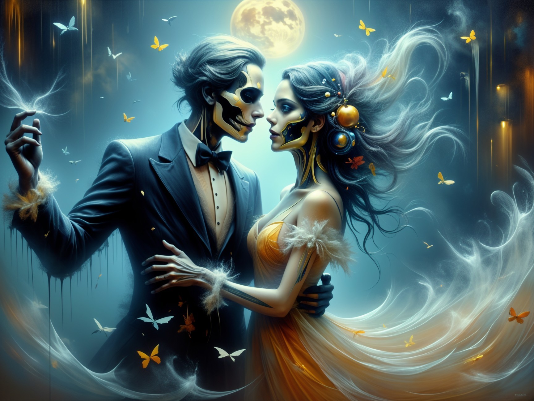 Skeletal Couple Embraces Under Full Moonlight