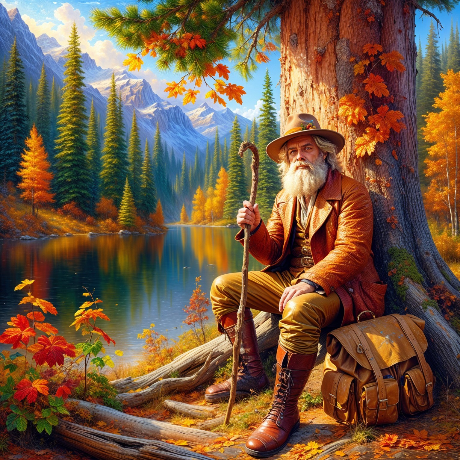 Bearded Man by Serene Lake in Autumn Landscape