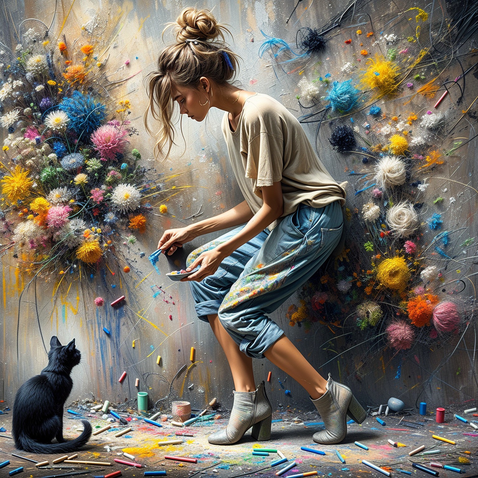 Creative Woman Painting by Colorful Abstract Wall