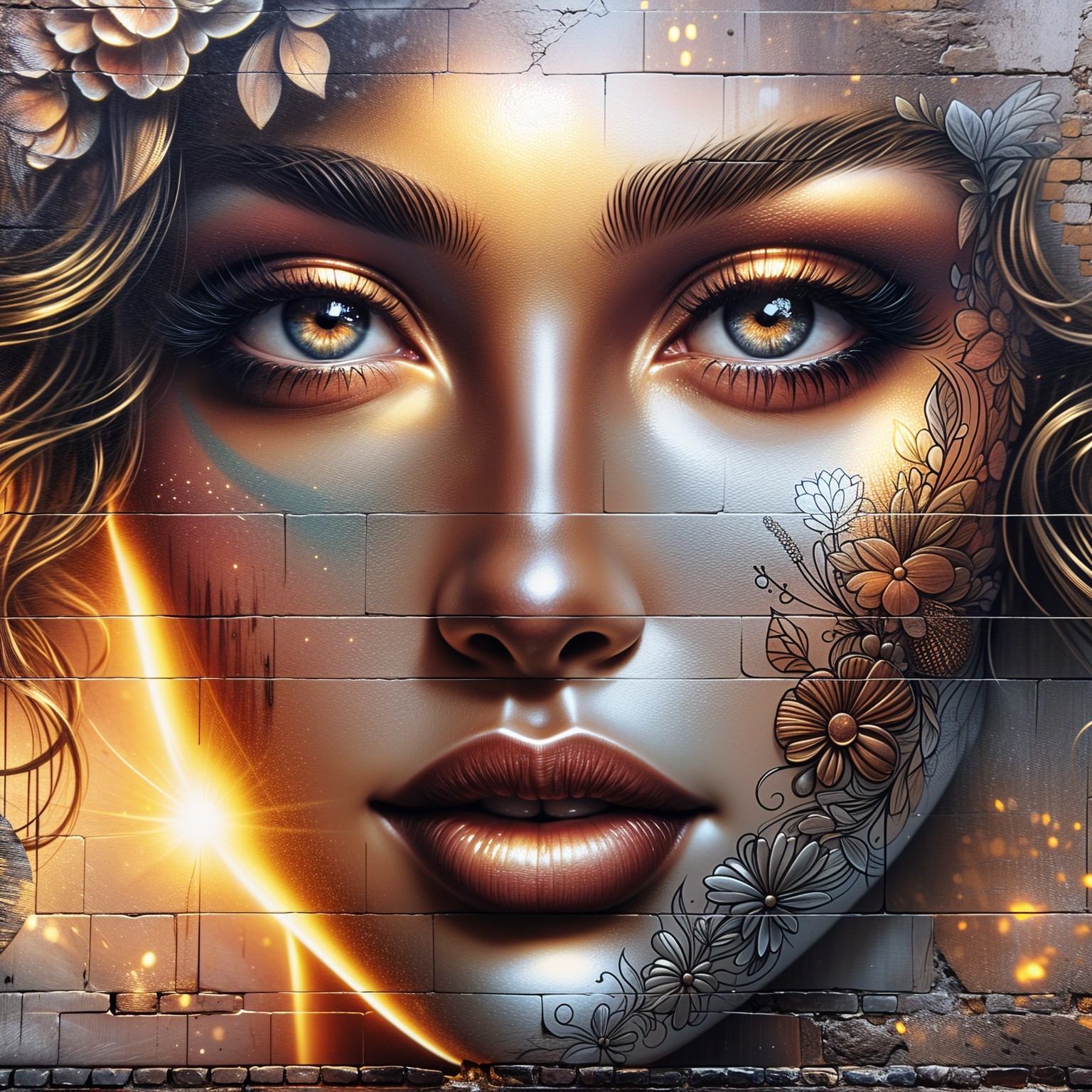 Mural of a woman's face with floral designs and colors