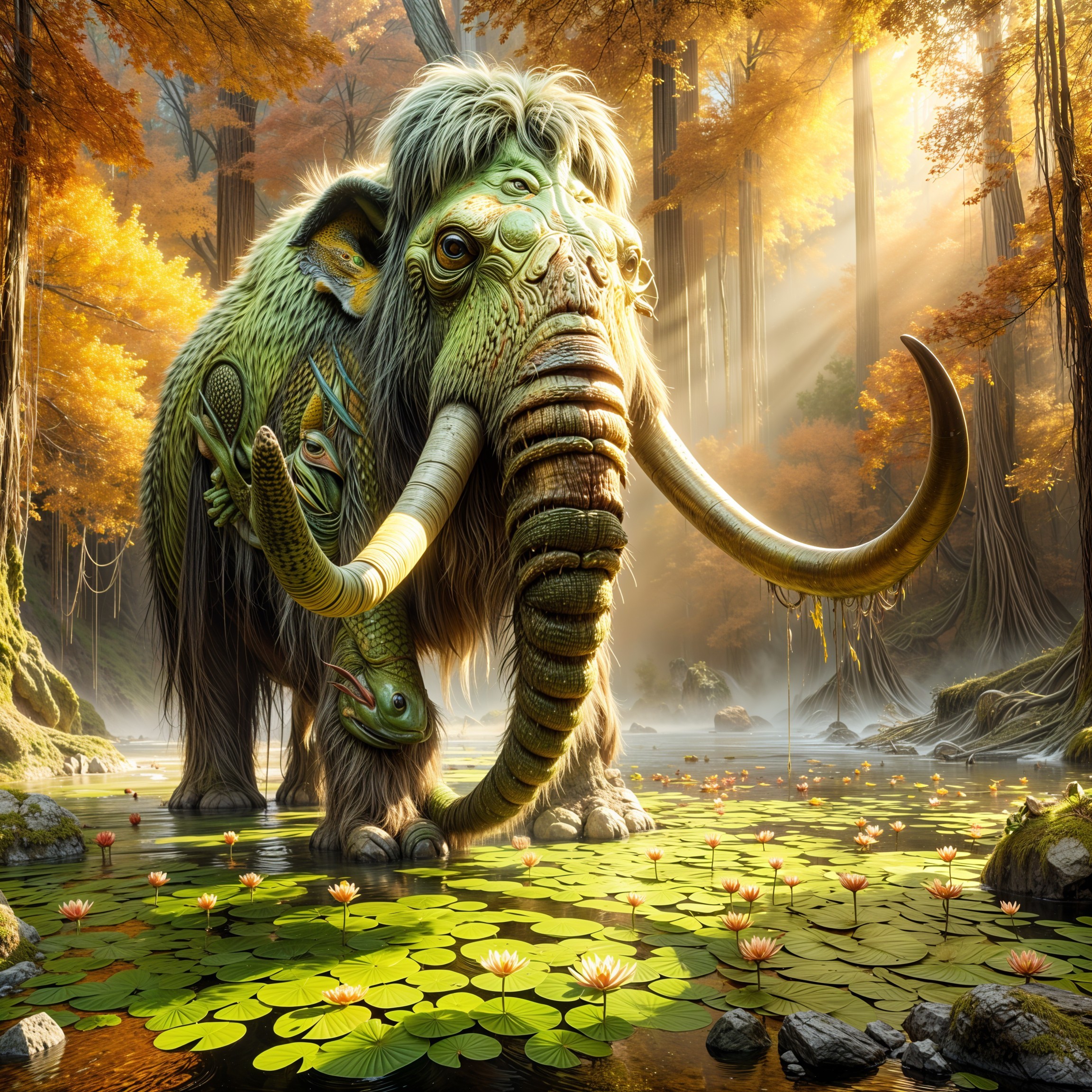 Majestic Mammoth by Tranquil Pond in Vibrant Forest