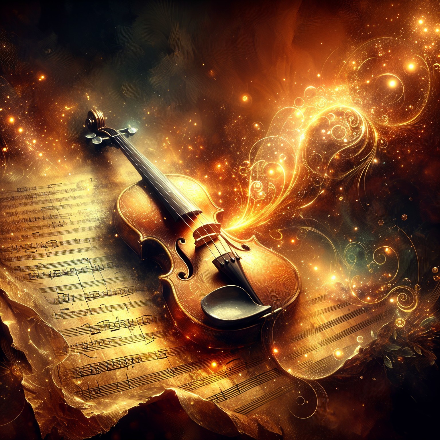 Illuminated Violin on Crumpled Music Sheet with Light