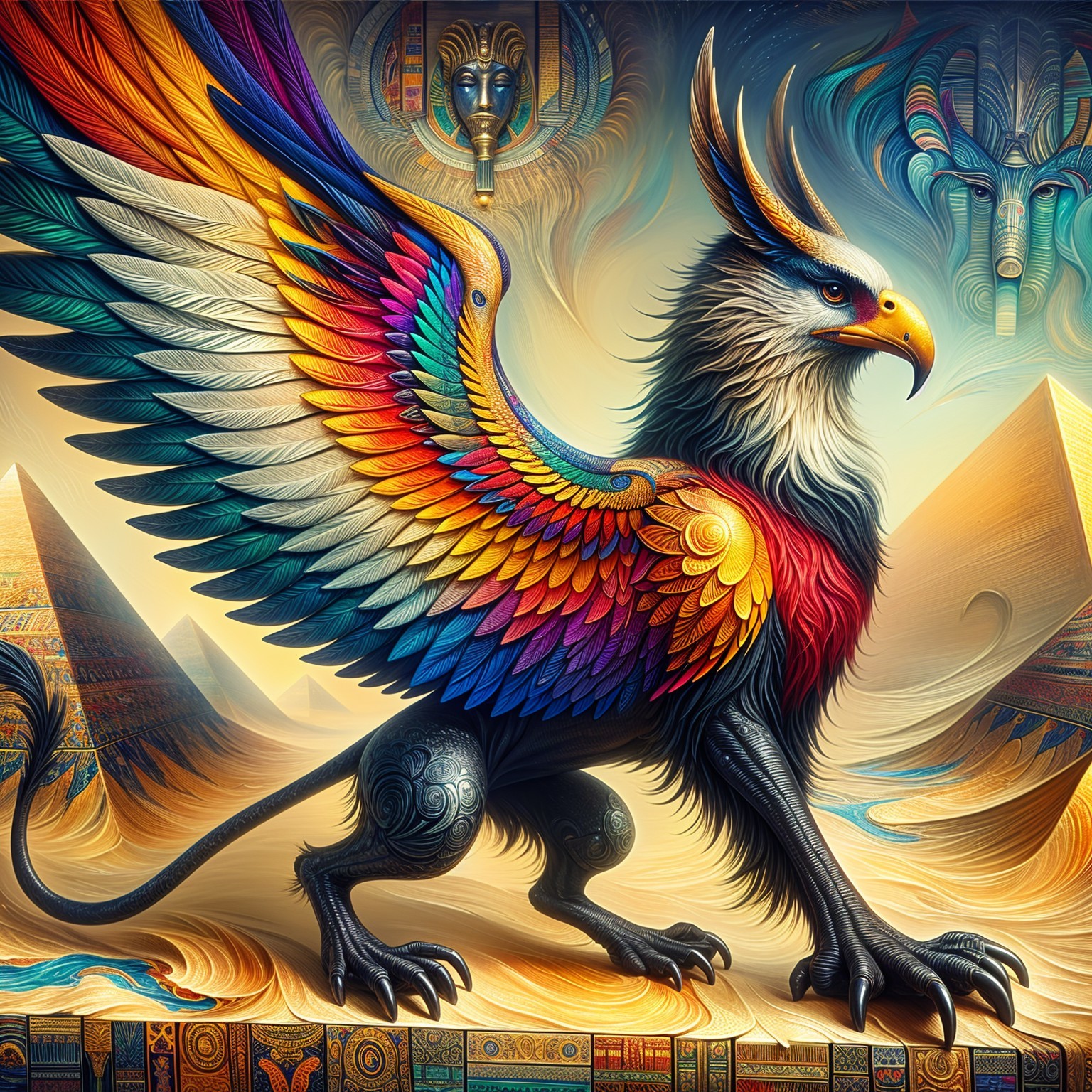 Griffin in Front of Golden Pyramids with Symbols