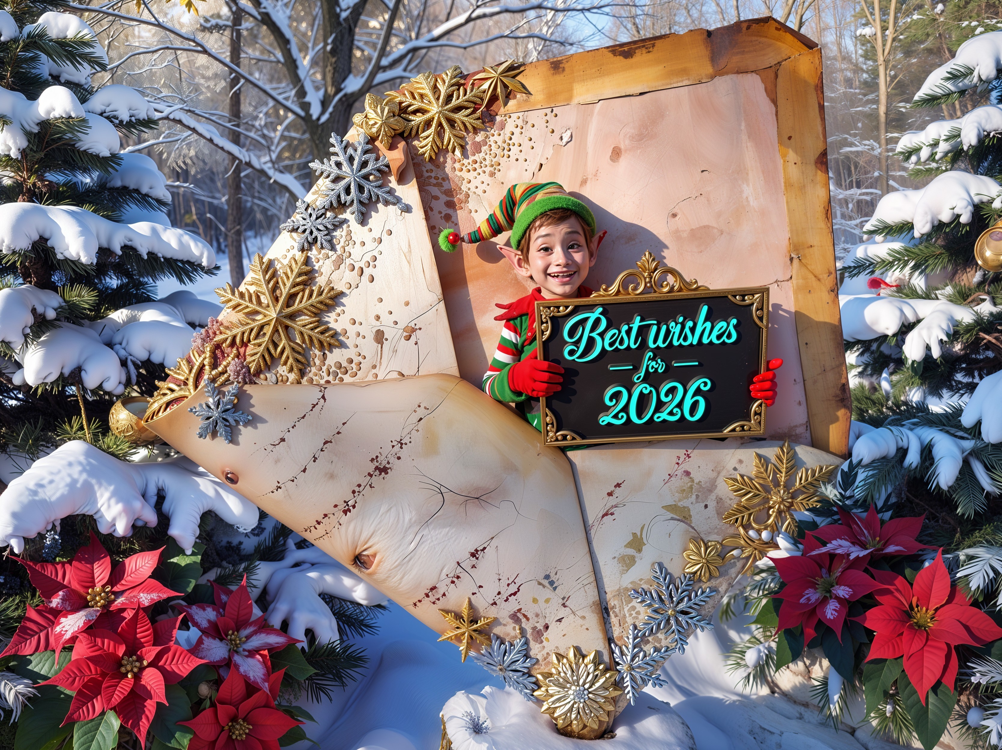 New Year's Eve elf with festive decorations and snowflakes