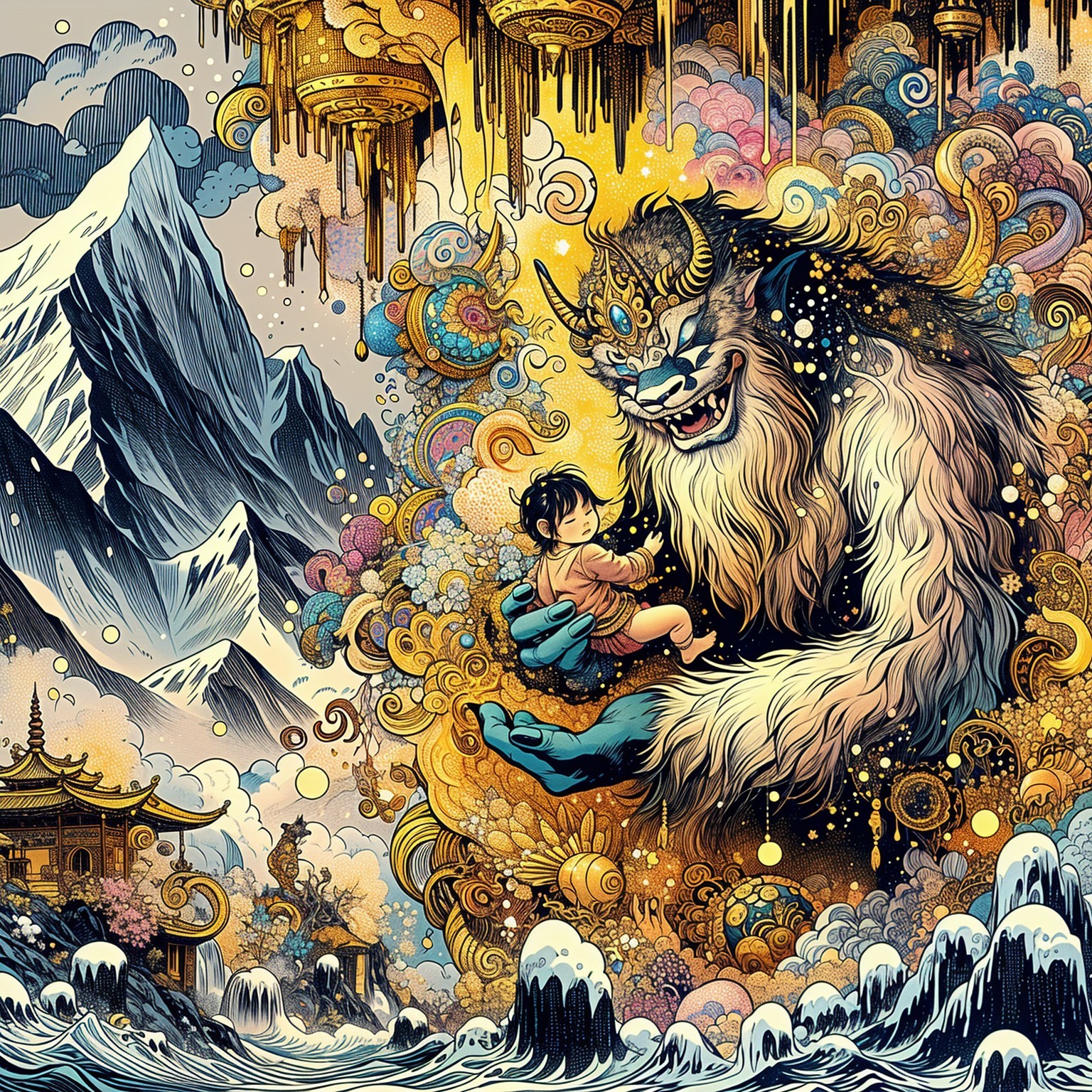 Whimsical Scene of Furry Creature and Child in Fantasy
