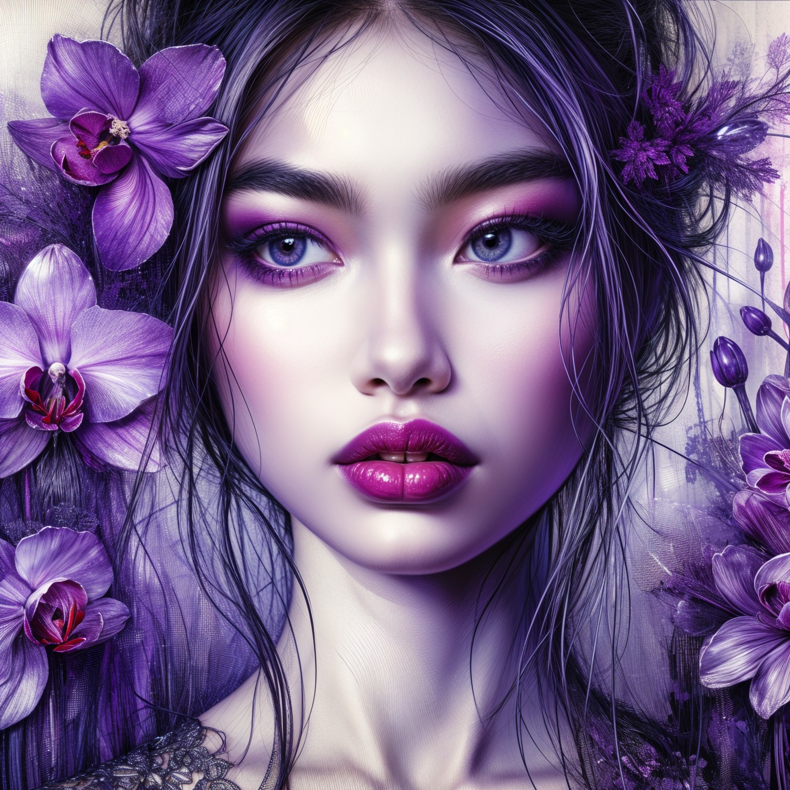 Portrait of a woman with orchids and flowing hair