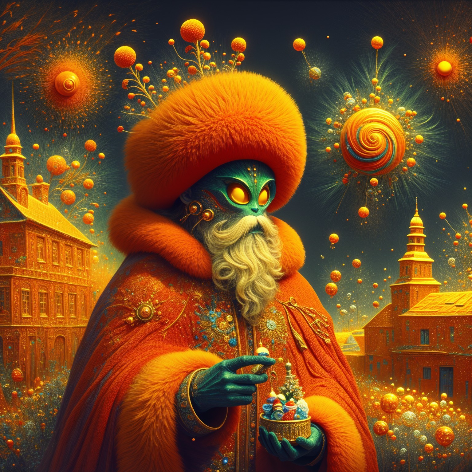 Cosmic Santa Alien in Colorful Holiday Scene