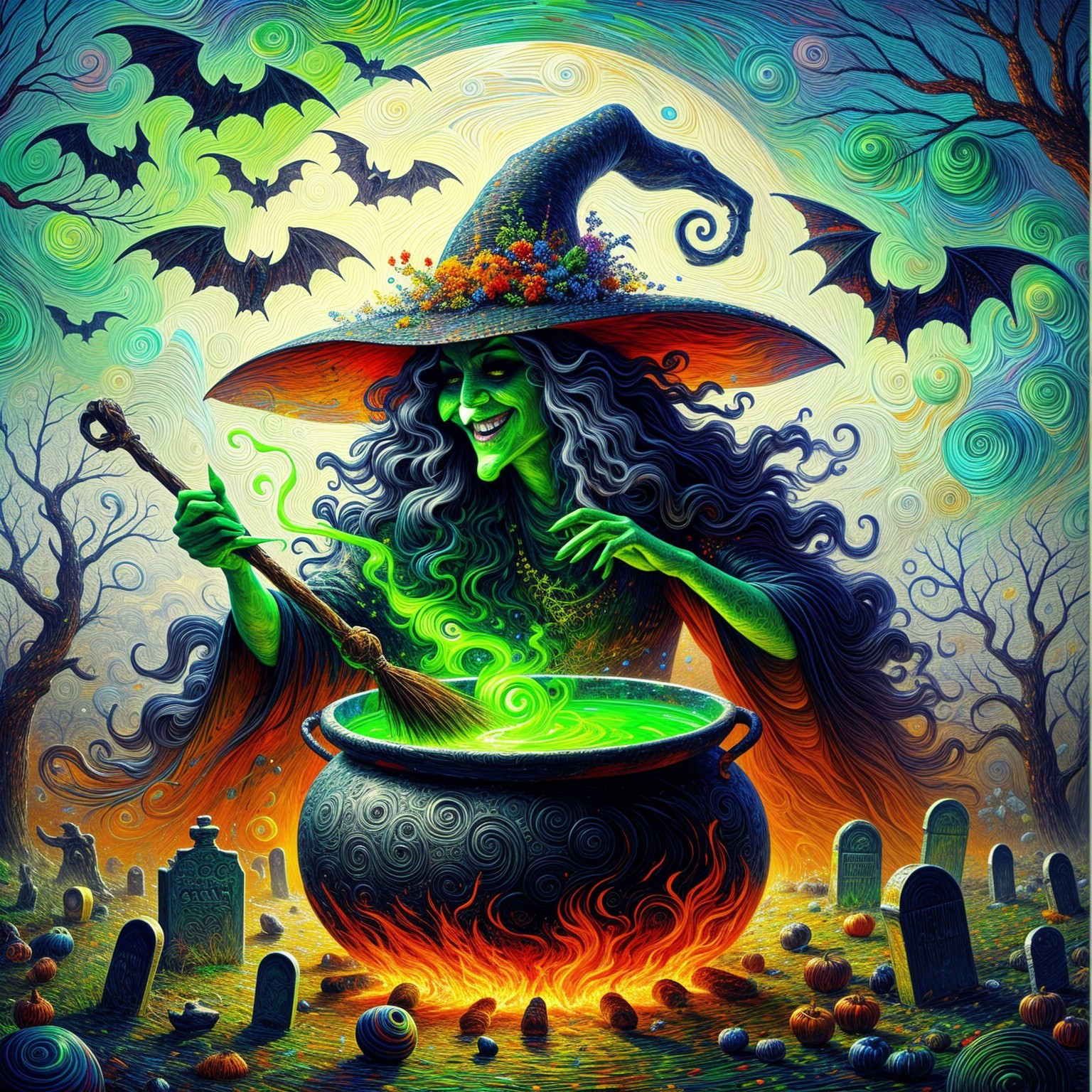 Witch Brewing Potion in Enchanted Spooky Landscape