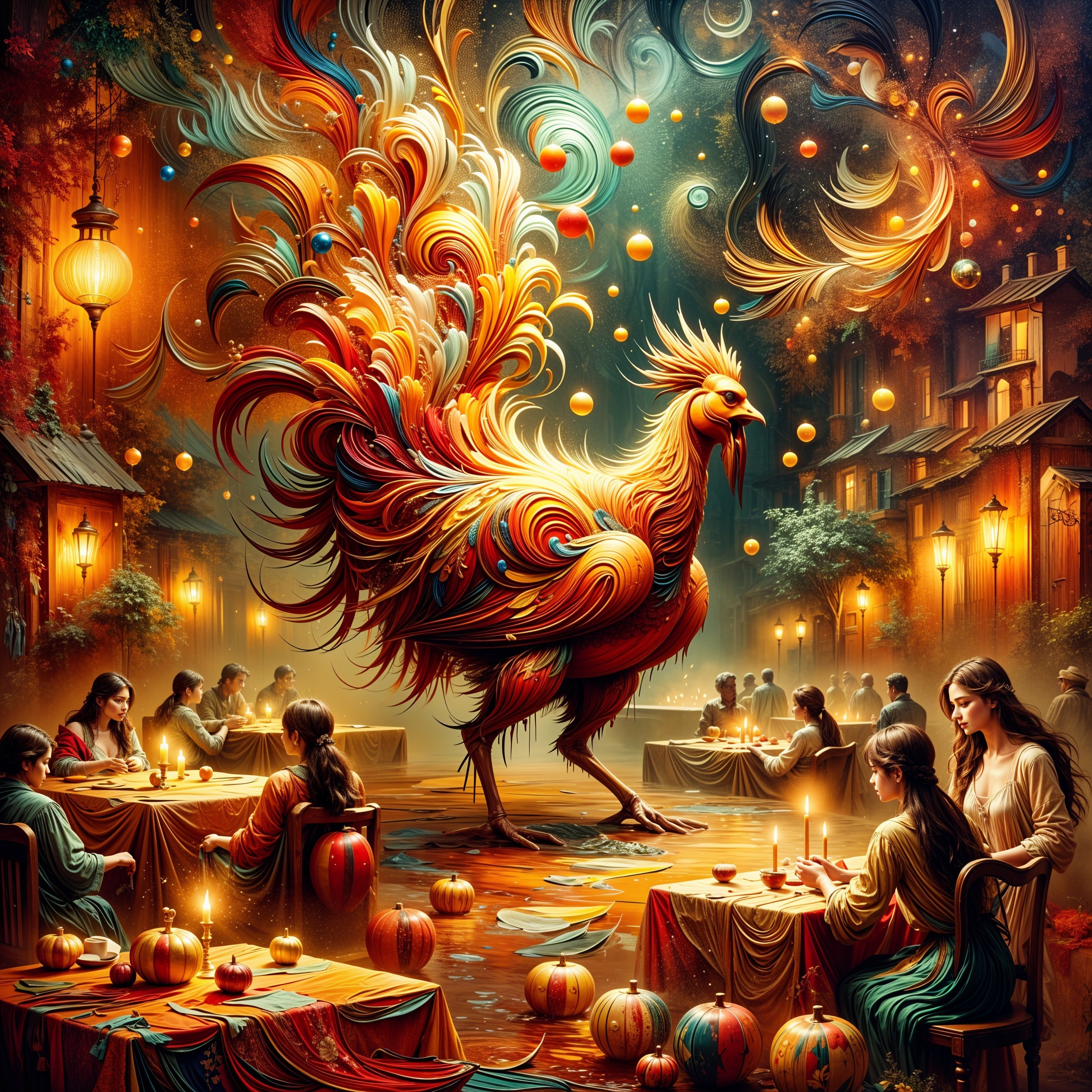 Vibrant Autumn Scene with Rooster and Festive Gatherings