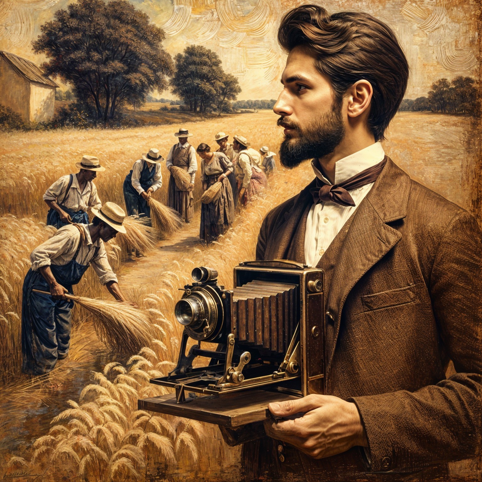 Man in period attire with antique camera in wheat field