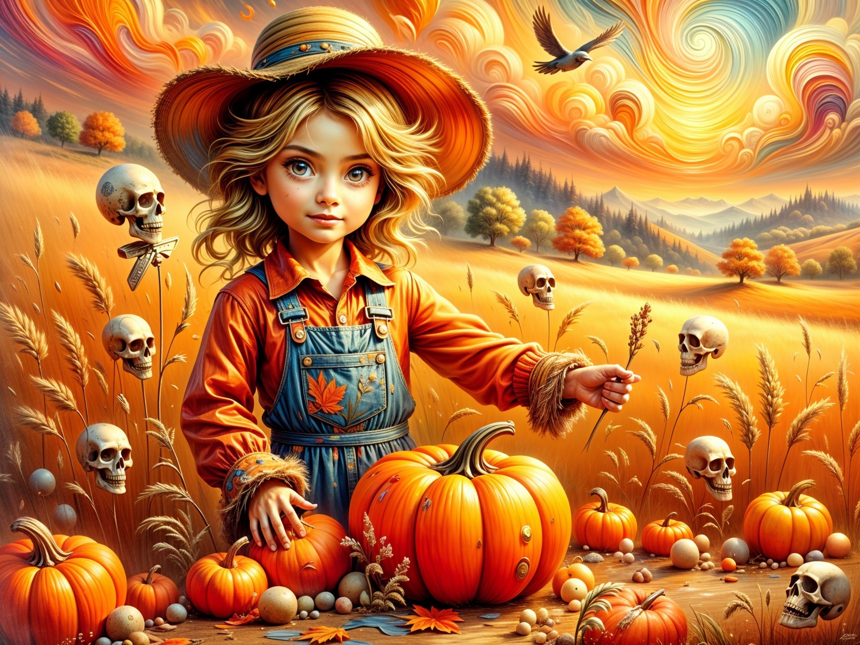 Whimsical Autumn Scene with Girl and Floating Skulls