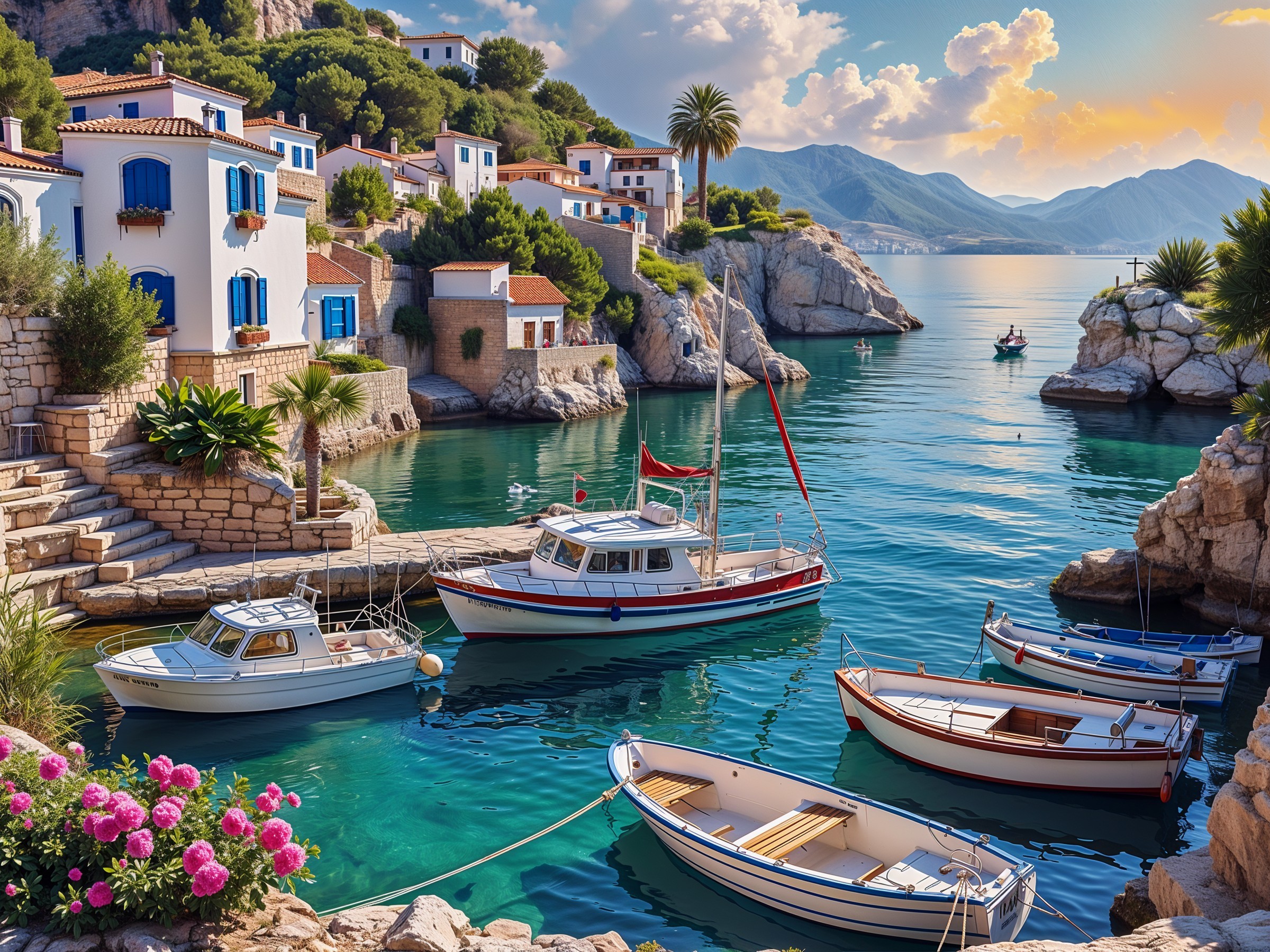 Coastal Scene with Colorful Houses and Boats