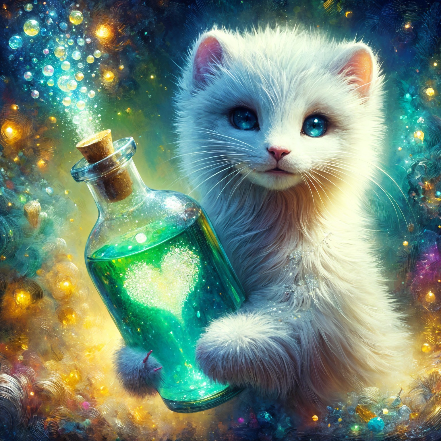 Fluffy White Kitten with Glowing Green Potion