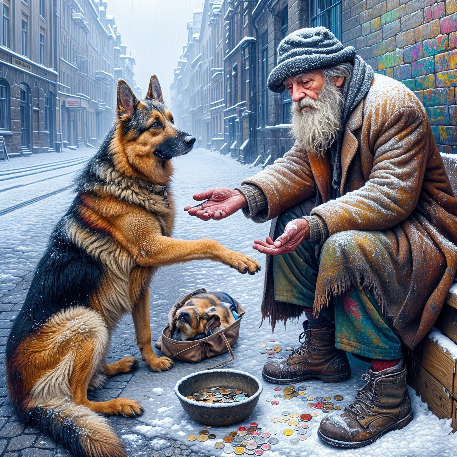 Elderly Man and Dog in Snowy Urban Setting