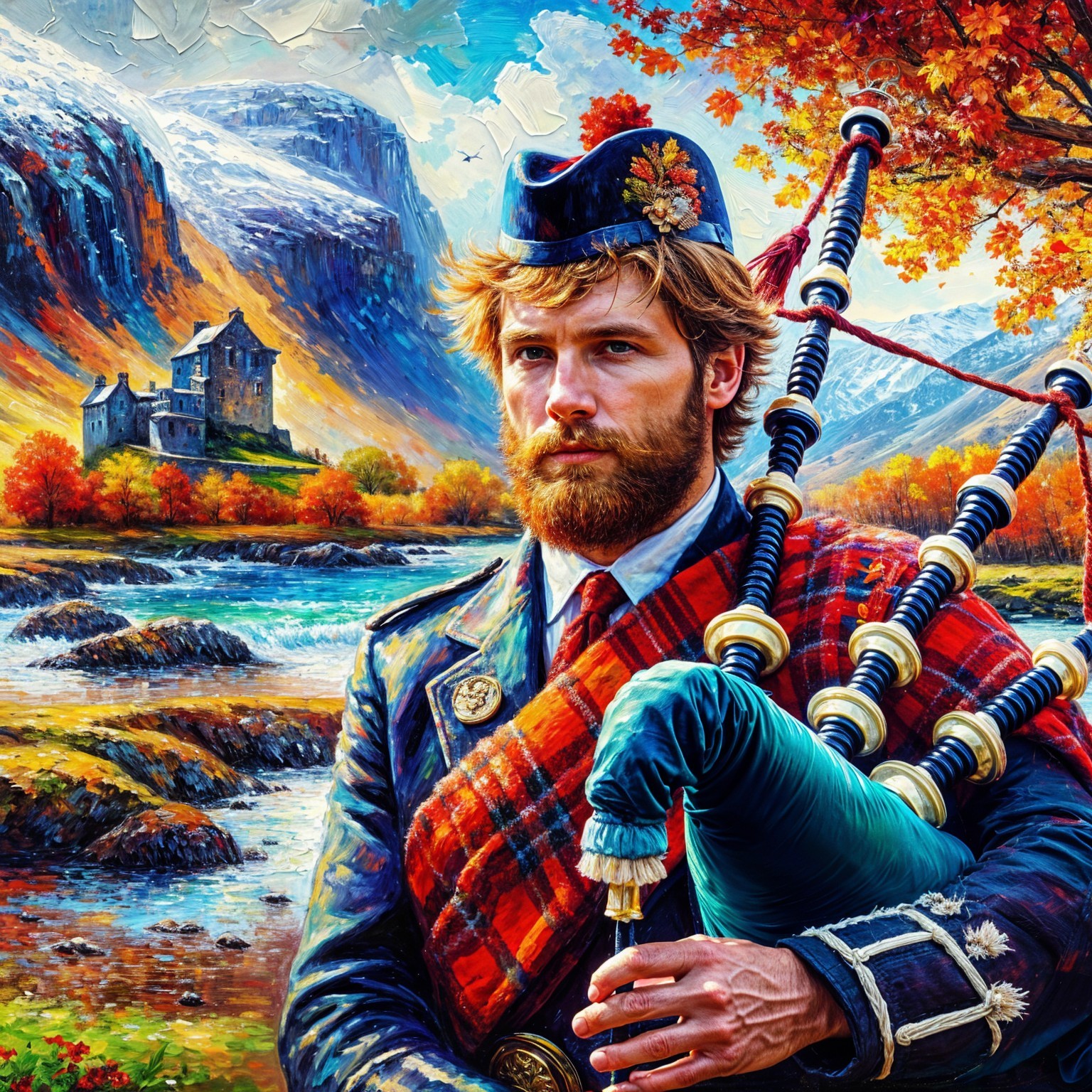 Scottish Figure in Traditional Attire with Scenic Background