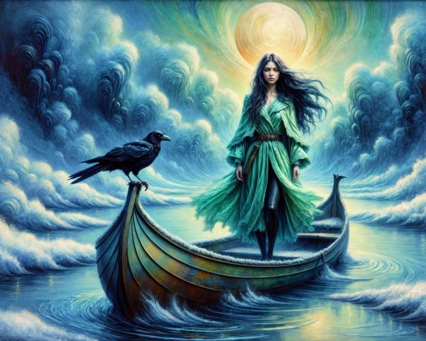 Mystical Scene of Woman in Boat with Raven and Moon