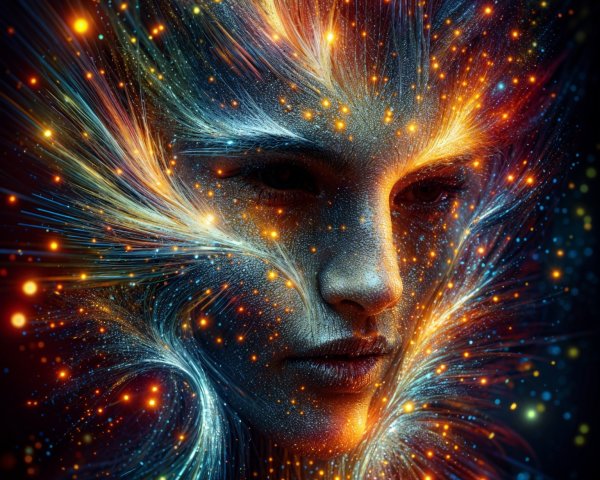 Portrait of a face with cosmic energy and vibrant patterns