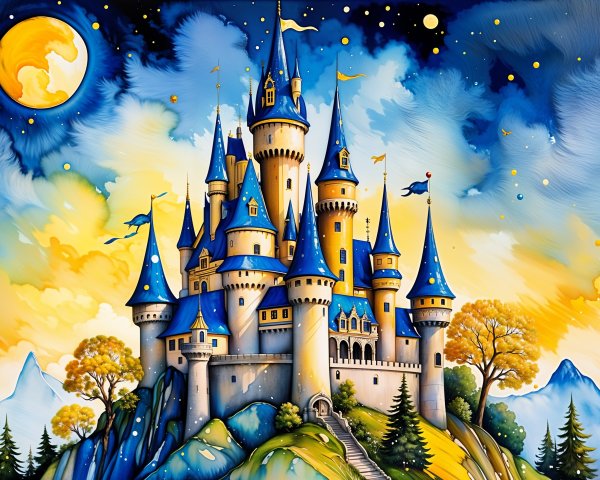 Whimsical Castle on Rocky Hill with Vibrant Sky