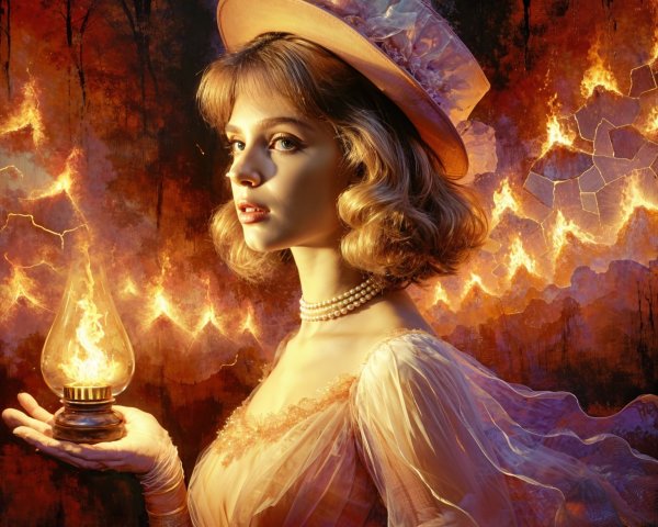 Young Woman in Vintage Attire with Lantern and Flames