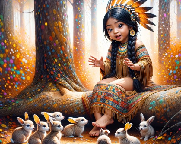 Young girl in Native American attire in colorful forest