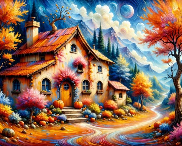 Whimsical Cottage Among Colorful Autumn Foliage