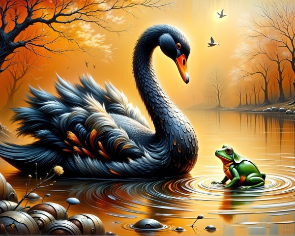 Autumn Scene with Black Swan and Green Frog