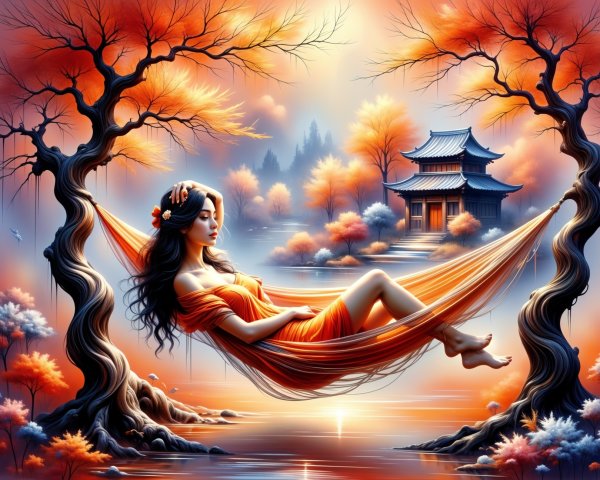 Woman in Orange Dress Relaxing in Autumn Landscape