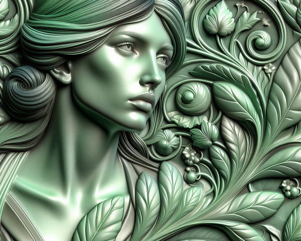 3D Green Relief Carving of Woman's Profile with Flora