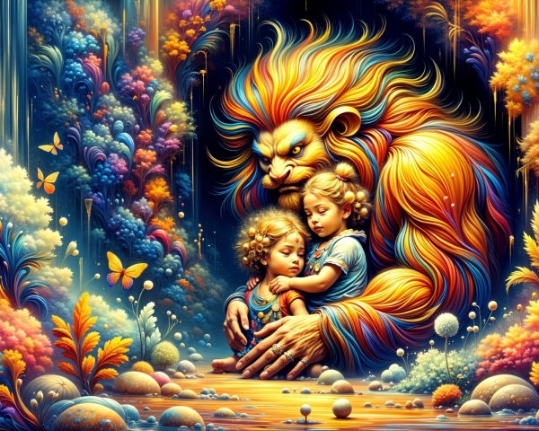 Colorful Creature and Children in Surreal Landscape