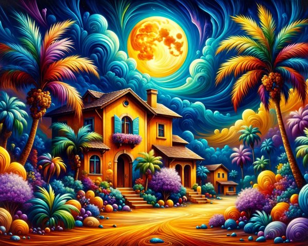 Vibrant Dreamlike Landscape with Yellow House and Moon