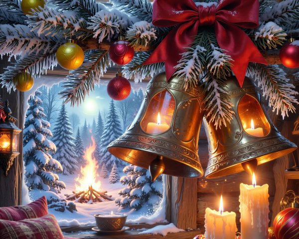 Close-Up of Christmas Window Decorations with Landscape