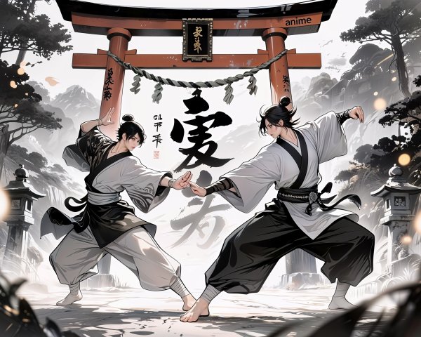 Male Warriors in Kimonos in Japanese Landscape Scene