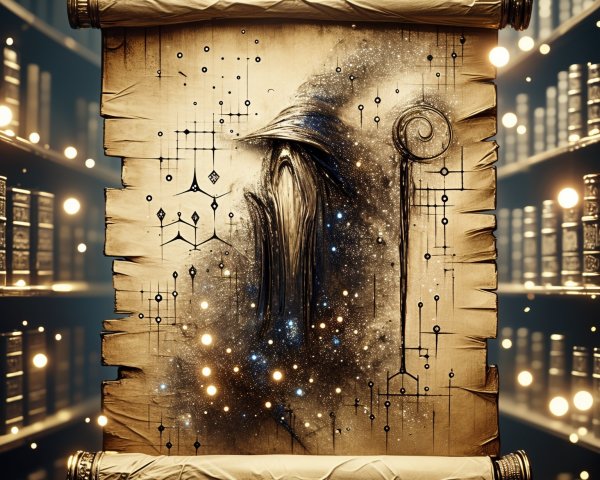 Ancient scroll with wizard in a mystical library setting