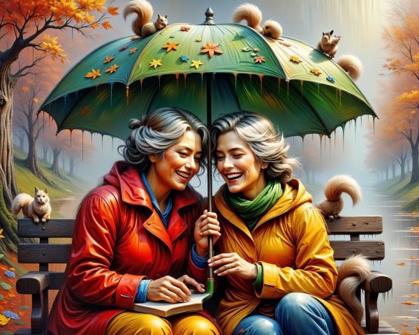 Women on a park bench under an autumn umbrella