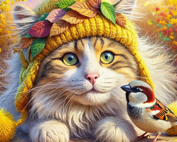 Fluffy Cat with Yellow Hat and Sparrow in Autumn Foliage