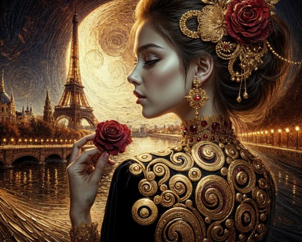 Woman in Golden Embroidery with Eiffel Tower Background